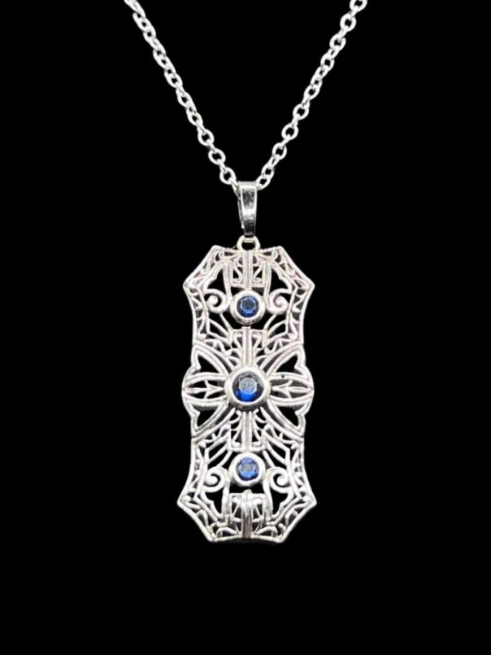 Art Deco Revival Sterling Silver Filigree Pendant With Blue Sapphires